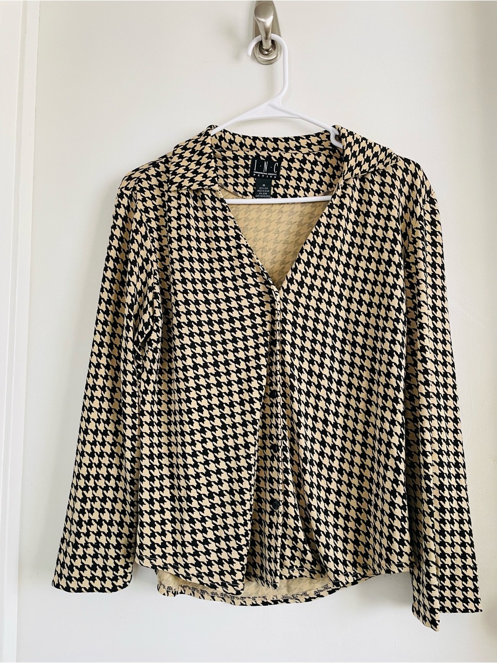 INC International Concepts Black & Cream Houndstooth Open-Front Blazer